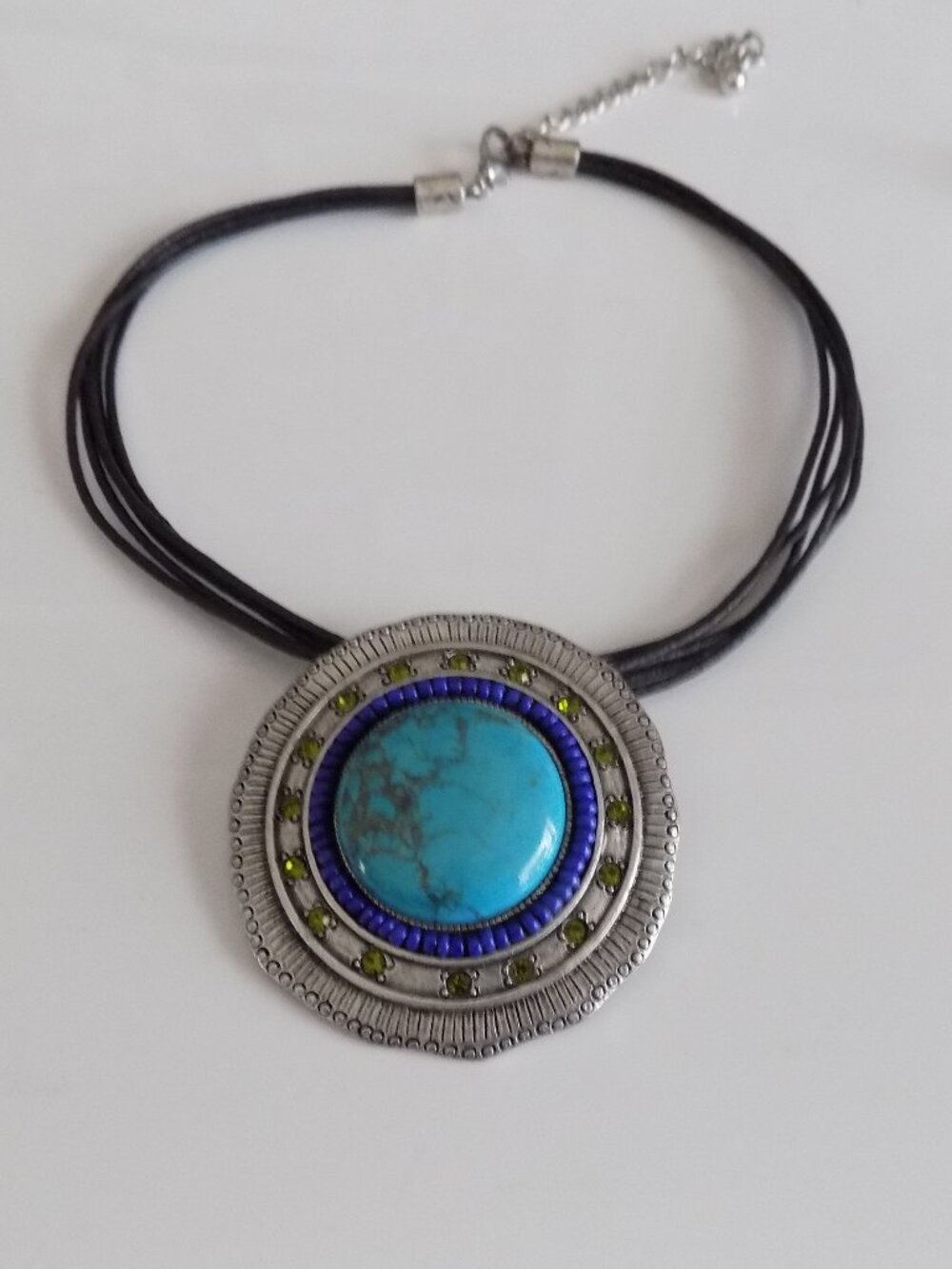 Imitation Turquoise Lapis & Green Stone Pendant Necklace Black Leather Cord Boho